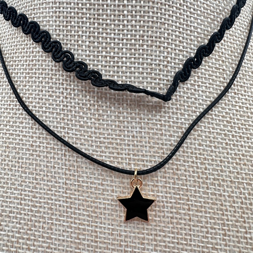 Vintage 90s Gold Tone Star Glass Pendant Black Choker Necklace Y2K